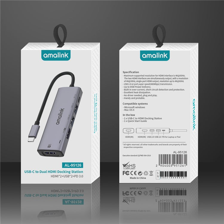 AMALINK AL-95126D 5 in 1 Type C Hub 76W Power Delivery 2x HDMI+USB 2.0 PD 3.0 Adapter for Mobile Phone Laptop