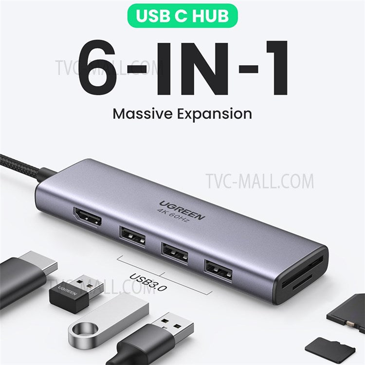 UGREEN 60383 6-in-1 USB C Hub to 3 USB3.0 HD Slim Docking Station Multi-port Hub Adapter for MacBook Pro Support 4K@60Hz/5Gbps Transmission