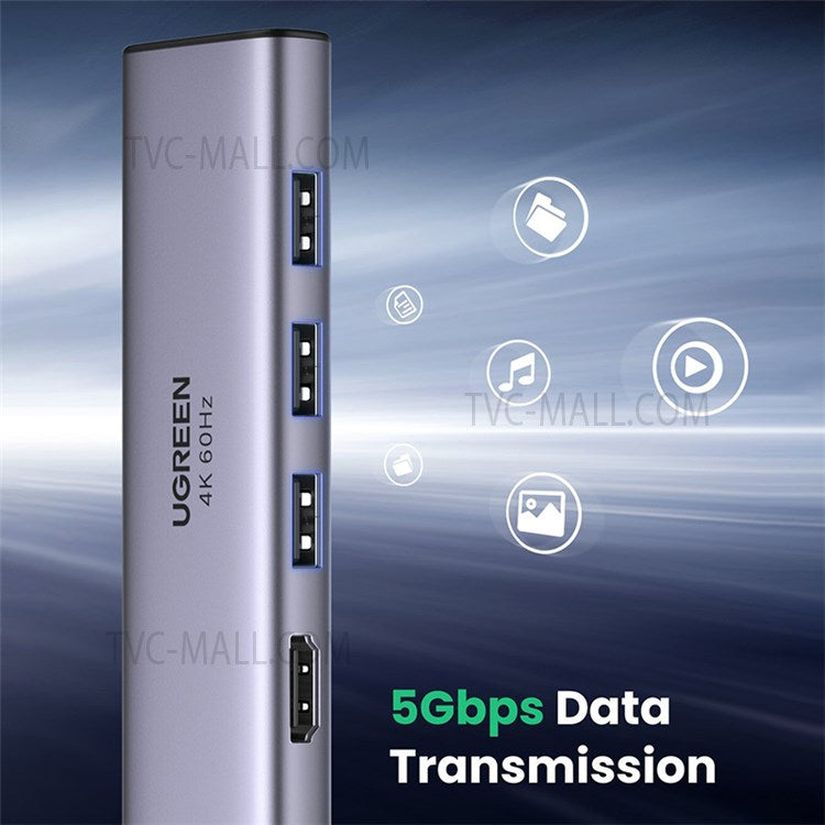 UGREEN 60383 6-in-1 USB C Hub to 3 USB3.0 HD Slim Docking Station Multi-port Hub Adapter for MacBook Pro Support 4K@60Hz/5Gbps Transmission
