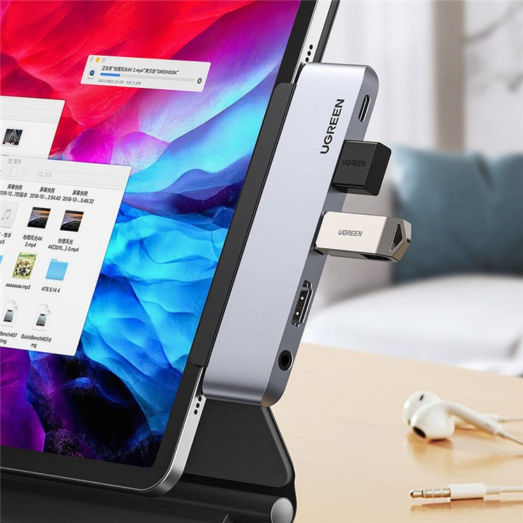UGREEN 20199 USB C Hub to 4K 60Hz HD Video Output + 2xUSB 3.0 + 3.5mm Aux Port + PD 100W Super Fast Charge Type C Adapter for iPad Pro 2018 2020 12.9" / 11" Air 4