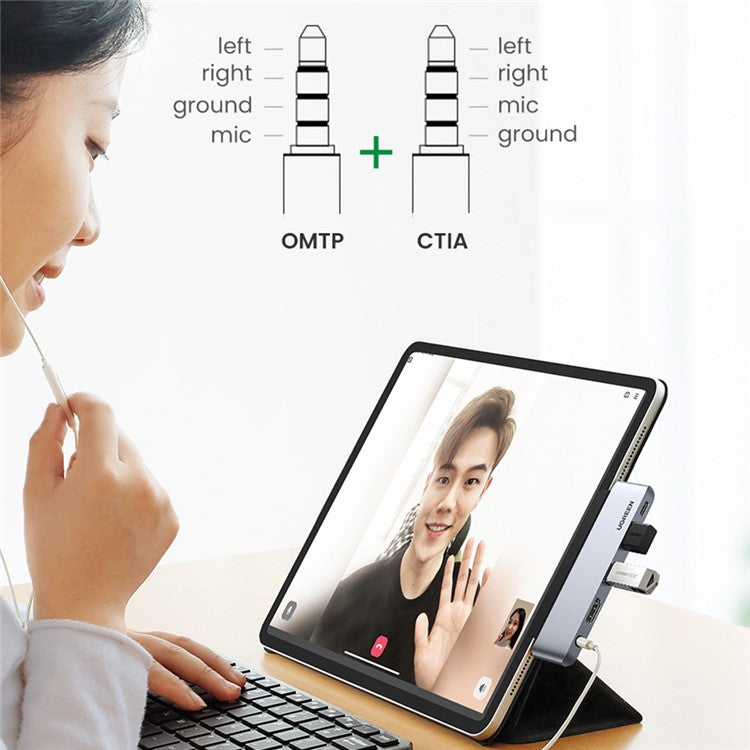 UGREEN 20199 USB C Hub to 4K 60Hz HD Video Output + 2xUSB 3.0 + 3.5mm Aux Port + PD 100W Super Fast Charge Type C Adapter for iPad Pro 2018 2020 12.9" / 11" Air 4