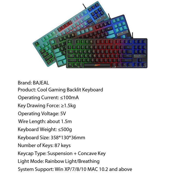 KB-10 Wired Keyboard 87 Keys Gaming Keyboard with Colorful Backlit for Laptop USB Cable Portable Keyboard - Blue / Black