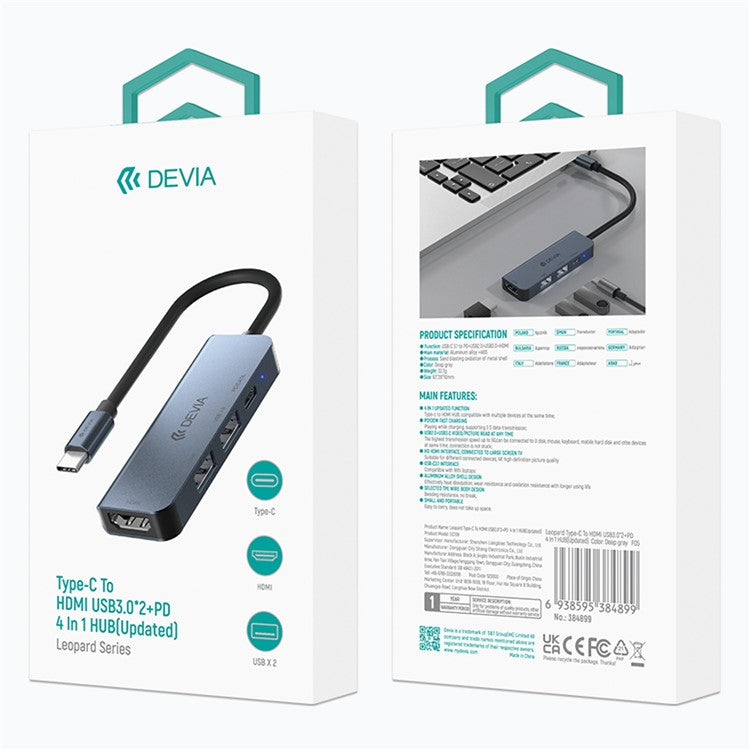 DEVIA EC136 Leopard Series 4-in-1 Hub Adapter Type-C to PD+USB2.0+USB3.0+HD Docking Station (Updated)