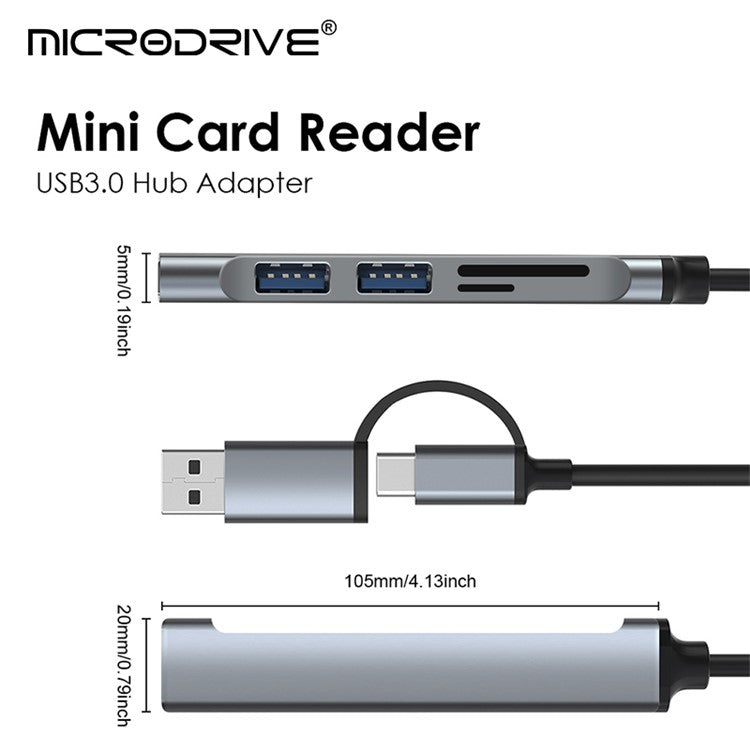 USB+Type-C Hub Adapter to 2xUSB 2.0+USB 3.0+2 Card Reader Slots