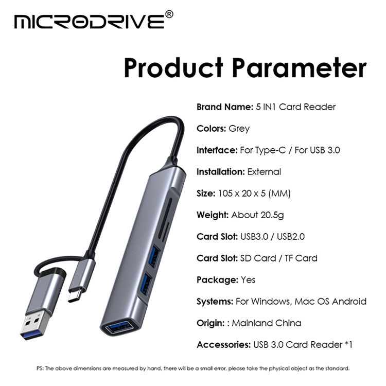USB+Type-C Hub Adapter to 2xUSB 2.0+USB 3.0+2 Card Reader Slots