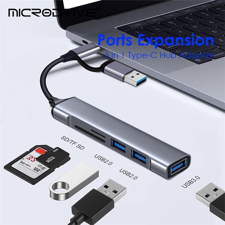 USB+Type-C Hub Adapter to 2xUSB 2.0+USB 3.0+2 Card Reader Slots