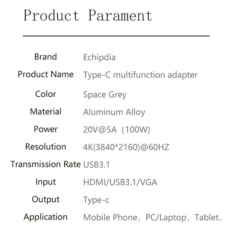 USB-C Hub Multi-Port Adapter Type-C to VGA+HD+PD 100W Adapter with Audio Video Transmission