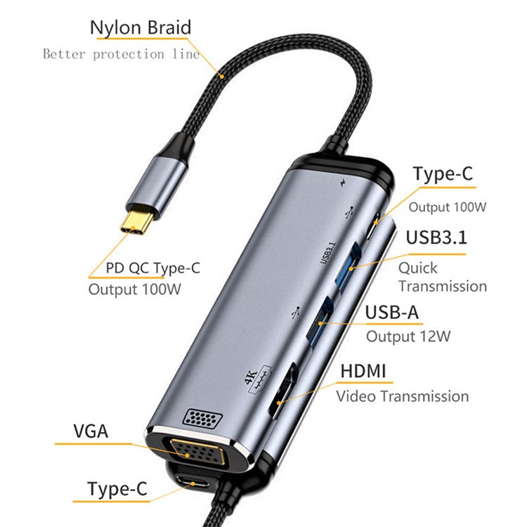 USB-C Hub Type-C to VGA+4K 60Hz HD+USB-A+USB3.1++PD 100W Converter HDTV Multi-port Displays Adapter