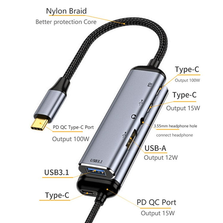 USB-C Hub Adapter Type-C to 2xUSB +Type-C+3.5mm Jack+ PD 100W Dock Station