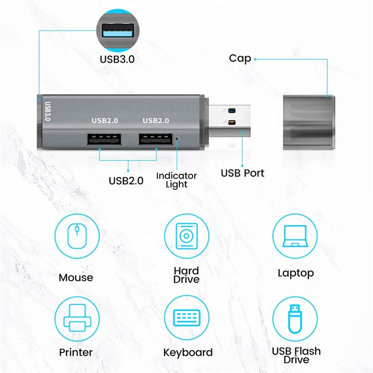ADS-302A USB Adapter Hub to 1 X USB 3.0 + 2 X USB 2.0 Expansion Station - Grey