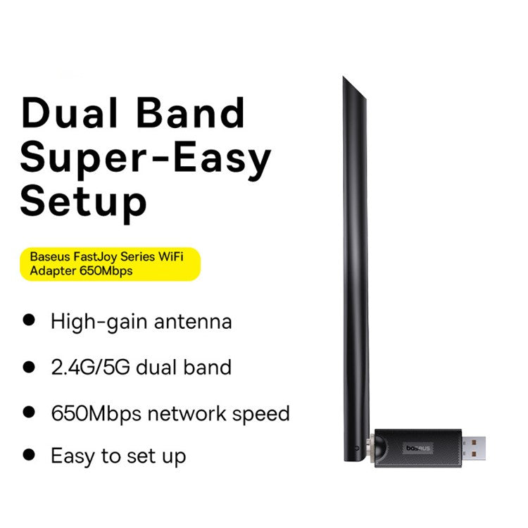 BASEUS FastJoy Series 650Mbps High Gain Antenna USB WiFi Adapter 2.4G / 5G Network Dongle - Black