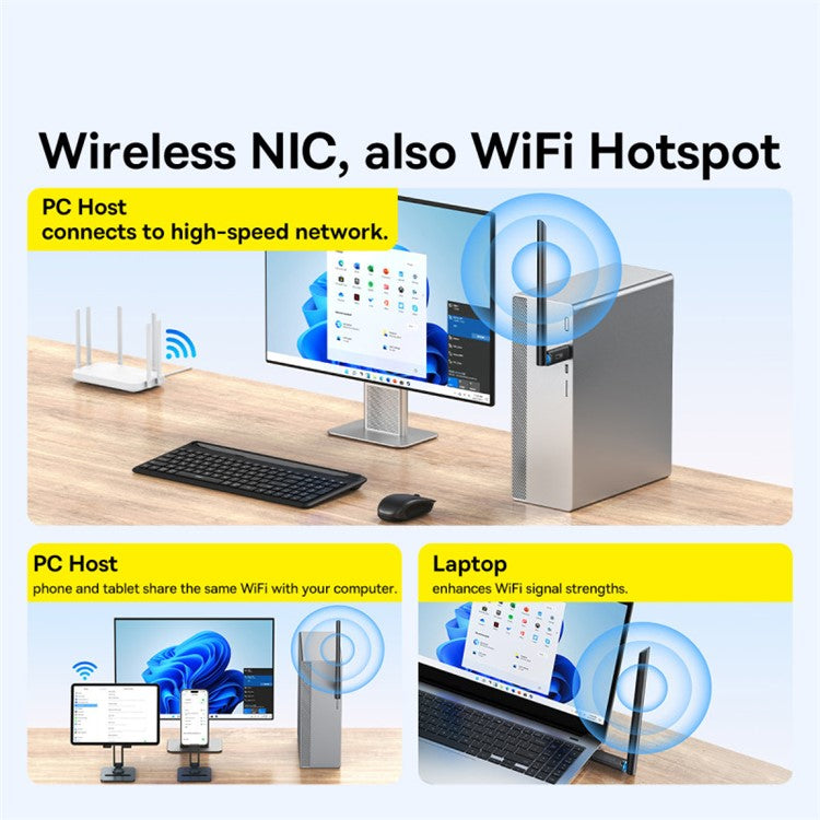 BASEUS FastJoy Series 650Mbps High Gain Antenna USB WiFi Adapter 2.4G / 5G Network Dongle - Black