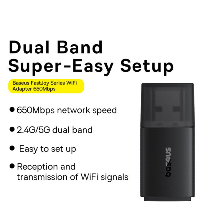 BASEUS FastJoy Series 650Mbps High Speed 2.4G / 5G Dual Band WiFi Adapter with Built-in Antenna - Black