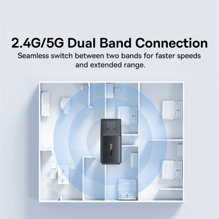 BASEUS FastJoy Series 650Mbps High Speed 2.4G / 5G Dual Band WiFi Adapter with Built-in Antenna - Black
