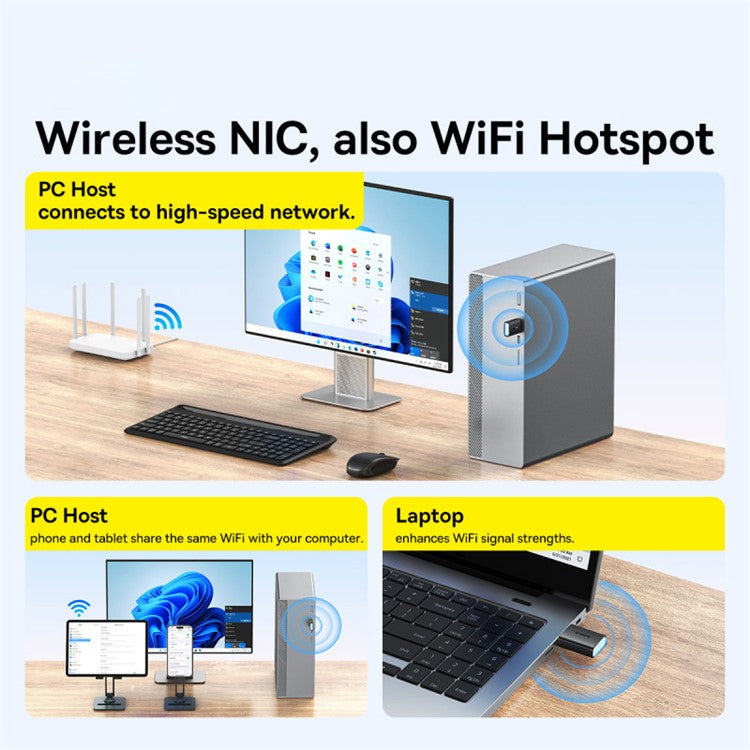 BASEUS FastJoy Series 650Mbps High Speed 2.4G / 5G Dual Band WiFi Adapter with Built-in Antenna - Black