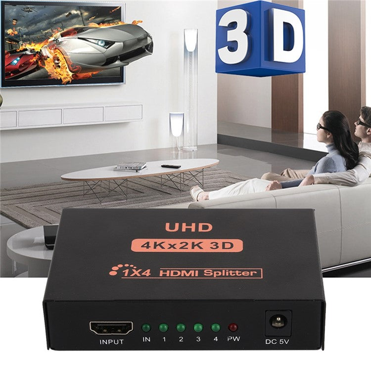 UHD 4Kx2K 3D 1x4 HDMI Splitter 1 Input 4 Output Adapter for HDTV Monitor - EU Plug