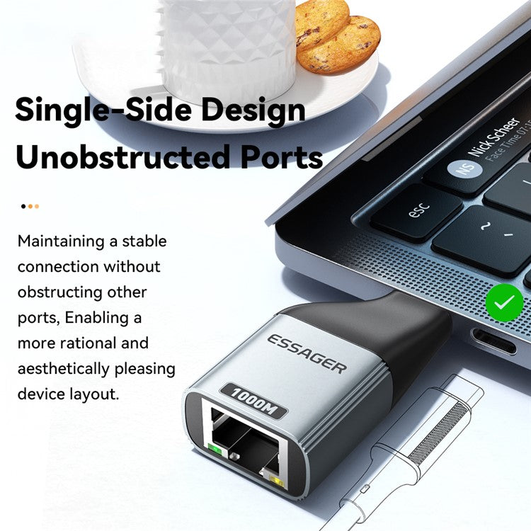 ESSAGER 1000Mbps Ethernet LAN Adapter Aluminum Alloy Type-C to RJ45 Gigabit Network Connector