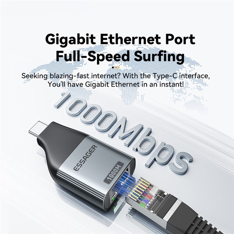ESSAGER 1000Mbps Ethernet LAN Adapter Aluminum Alloy Type-C to RJ45 Gigabit Network Connector