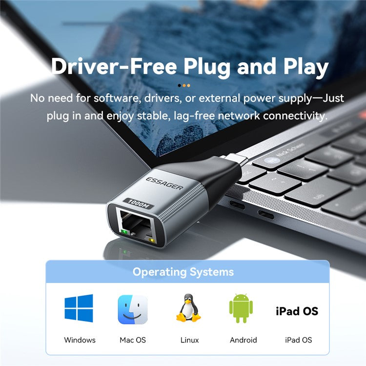 ESSAGER 1000Mbps Ethernet LAN Adapter Aluminum Alloy Type-C to RJ45 Gigabit Network Connector