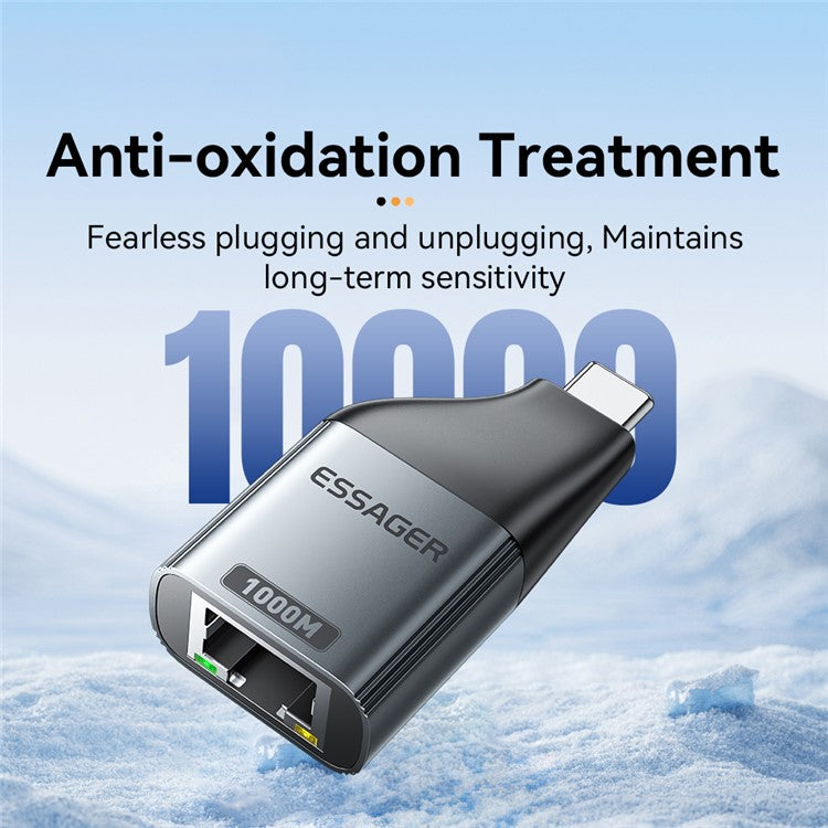ESSAGER 1000Mbps Ethernet LAN Adapter Aluminum Alloy Type-C to RJ45 Gigabit Network Connector