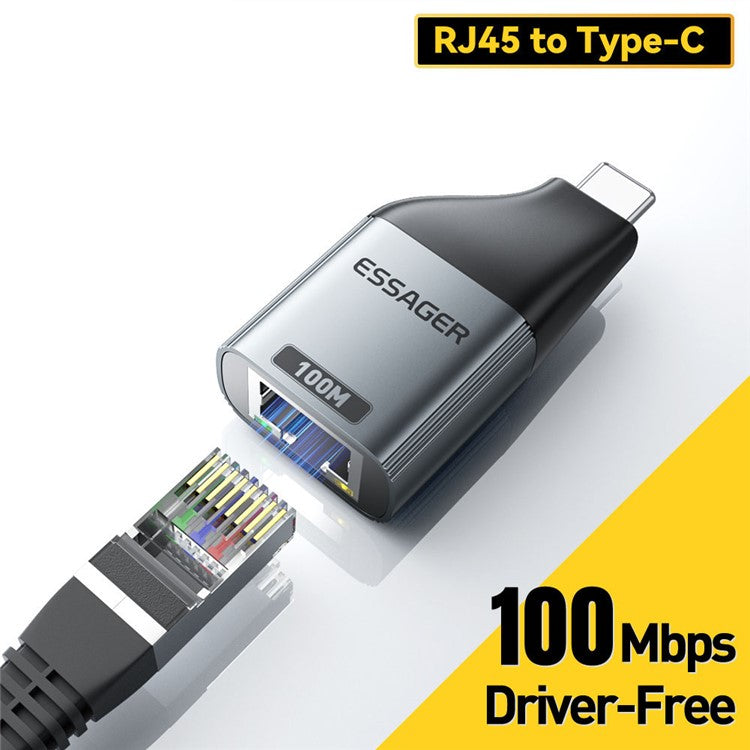 ESSAGER EZJRJ-MJ0G-P Type-C to RJ45 100Mbps Network Connector Aluminum Alloy Ethernet LAN Adapter