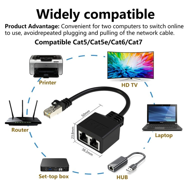 2Pcs 20cm RJ45 8 Core Network Cable Splitter 1 to 2 Ethernet Extension Adapter Compatible with Cat5 Cat6 Cat7