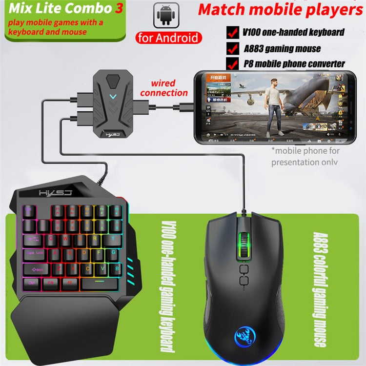 HXSJ A883 Wired RGB Gaming Mouse + V100 35 Keys Single-hand Gaming Keyboard + P8 Portable Keyboard Mouse Converter for Android
