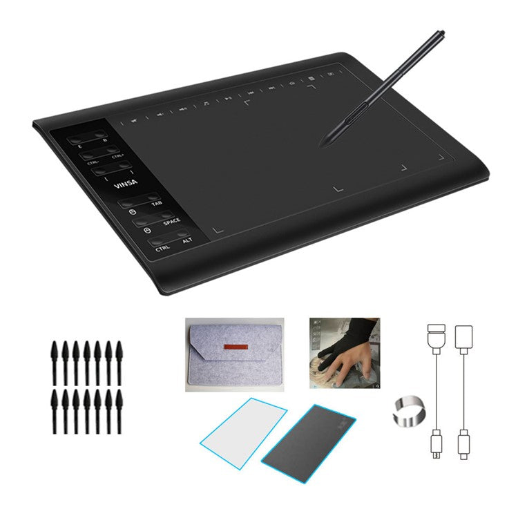 VINSA Electronic Drawing Plate Digital Tablet Hand Drawing Board + Pressure Sensitive Pen with Hand-feeling Film Storage Bag Kit Set for Mobile Phone Computer Laptop