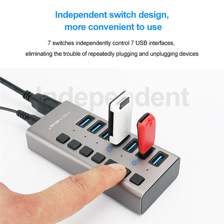 ACASIS HS-707MG 7 Ports USB3.0 5Gbps High Speed Transmission Charging Dock USB Hub Splitter with Independent Switch - EU Plug
