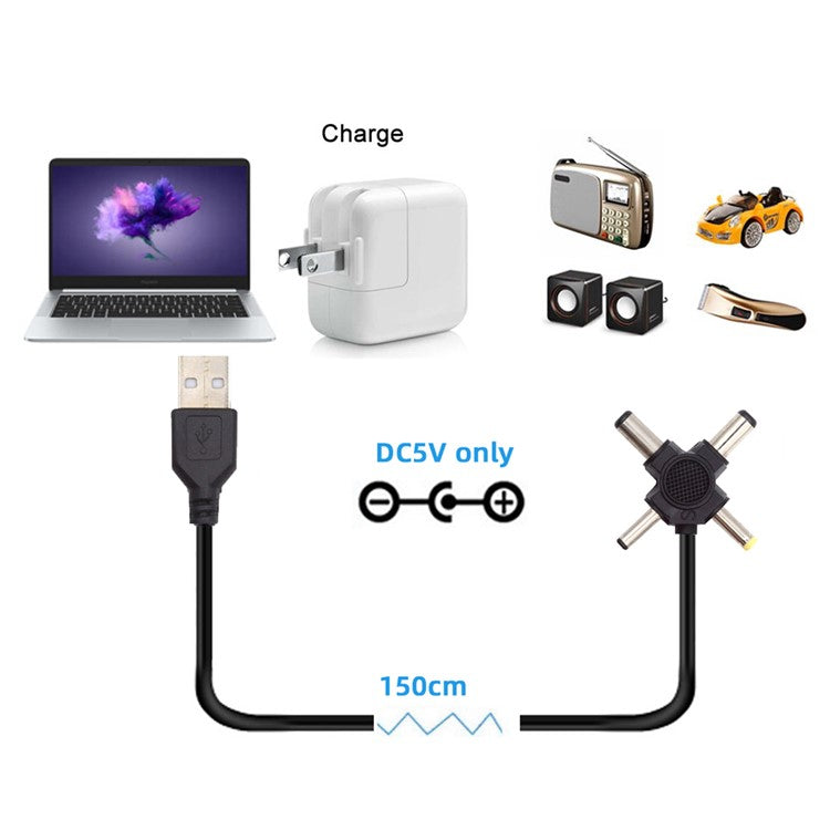 PW-010-AM USB 2.0 to DC 5.5x2.5mm 5.5x2.1mm 4.0x1.7mm 3.5x1.3mm Connector Charge Cable, 1.5m