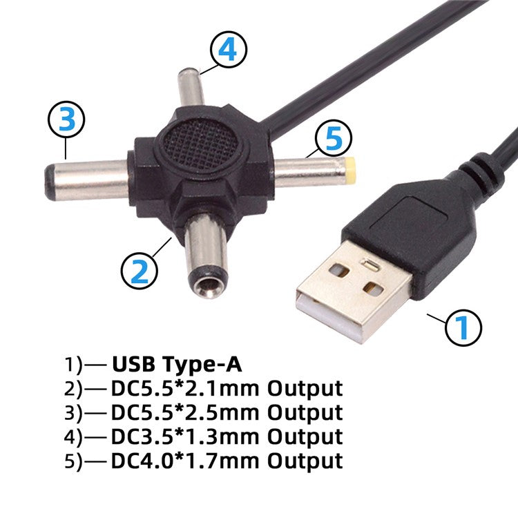 PW-010-AM USB 2.0 to DC 5.5x2.5mm 5.5x2.1mm 4.0x1.7mm 3.5x1.3mm Connector Charge Cable, 1.5m