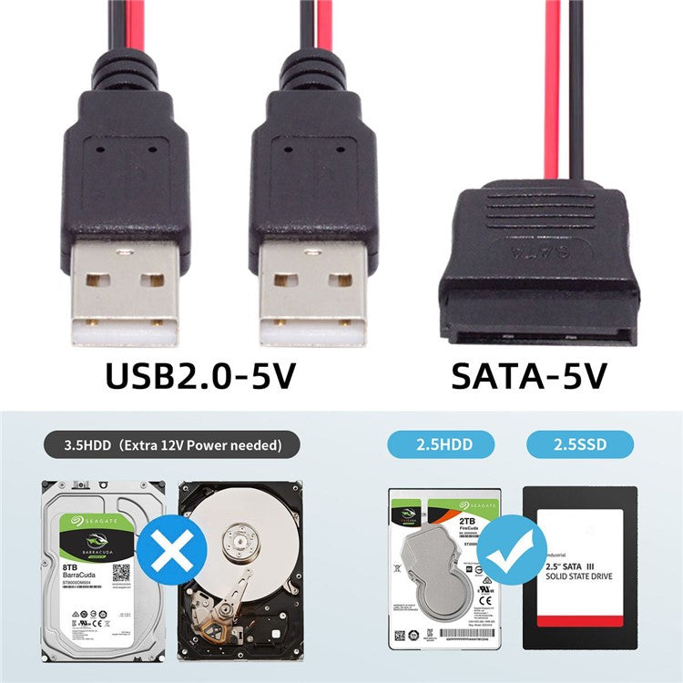 U2-070-2P DC 5V Dual USB to SATA 15-Pin Power Cable for 2.5 inch SATA HDD SSD Disk Driver, 5V 2A Max