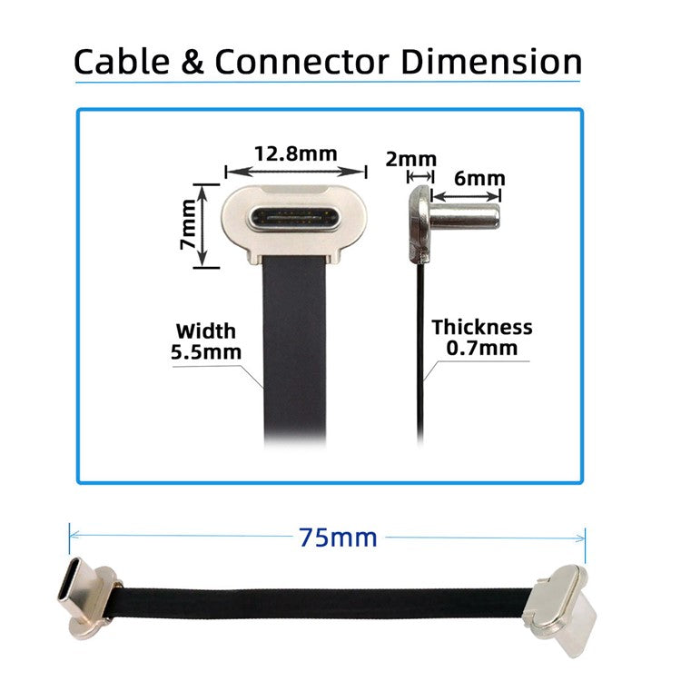UC-170-0.07M 75mm Angled USB-C to USB-C Ultra Slim Flat USB2.0 Data Cable 65W Fast Charge Cord for Laptop Tablet Phone