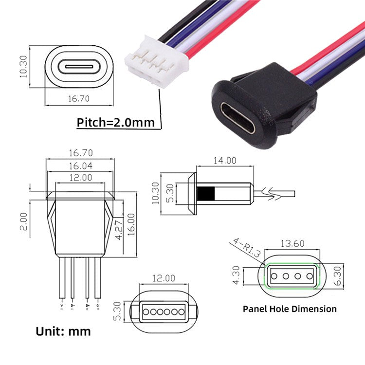 CN-025-4P 5Pcs / Set DIY OEM Type C Female Socket to 4 Pin Header Cable Pitch 2.0mm Latch Mount Type DC 5V / 20V PD Power