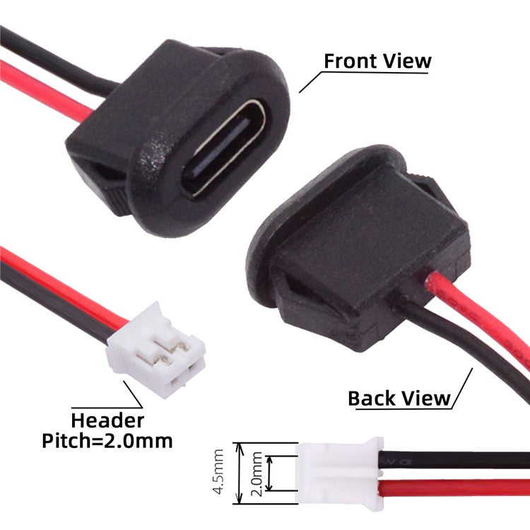 CN-025-2P 5Pcs / Set DIY OEM Type C Female Socket to 2 Pin Header Cable Pitch 2.0mm Latch Mount Type DC 5V / 20V PD Power