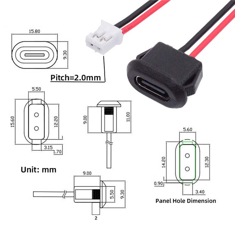 CN-025-2P 5Pcs / Set DIY OEM Type C Female Socket to 2 Pin Header Cable Pitch 2.0mm Latch Mount Type DC 5V / 20V PD Power