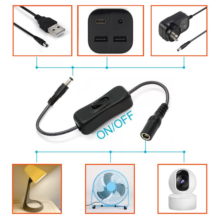 PW-012-DC DC Cable with On / Off Power Switch Button DC 5.5x2.1mm Male to Female for DC 5V Desk Lamp Fan Camera
