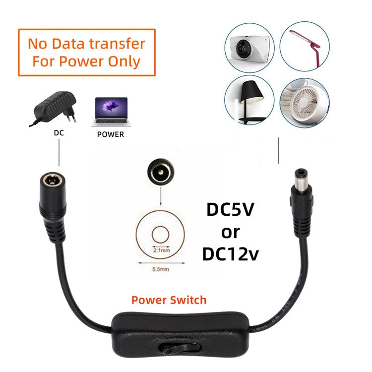 PW-012-DC DC Cable with On / Off Power Switch Button DC 5.5x2.1mm Male to Female for DC 5V Desk Lamp Fan Camera