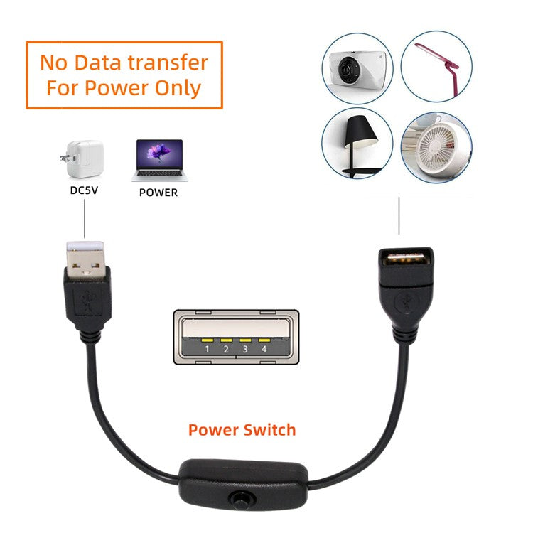 PW-012-AM USB2.0 Cable with On Off Power Switch Button USB Type-A Male to Female for DC 5V Desk Lamp Fan Camera