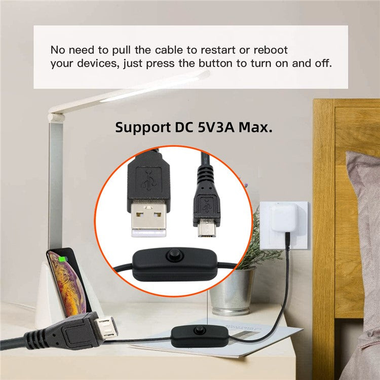 PW-015-MM 1.5m Micro USB Male to USB-A Male Cable with Power On / Off Button for DC5V Desk Lamp Fan Camera