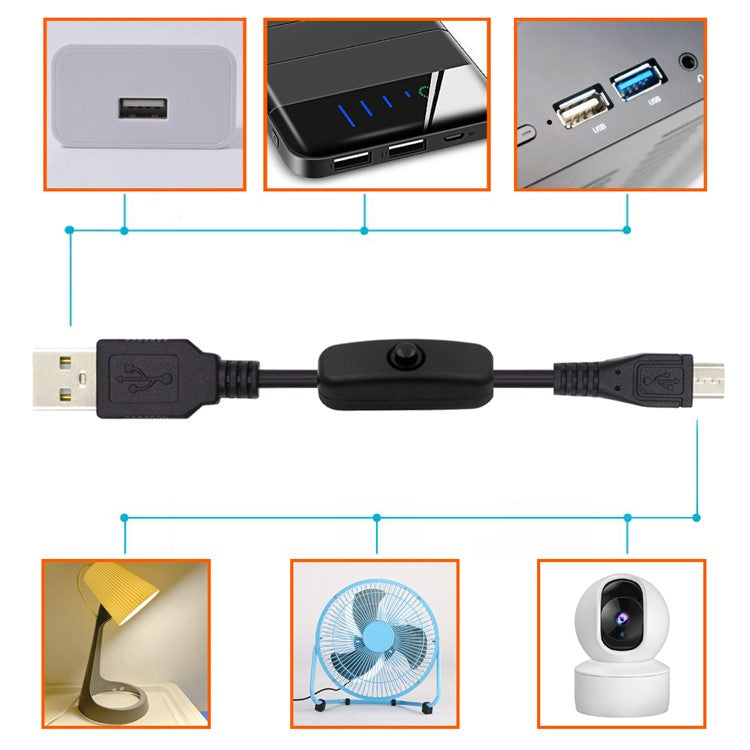 PW-015-MM 1.5m Micro USB Male to USB-A Male Cable with Power On / Off Button for DC5V Desk Lamp Fan Camera