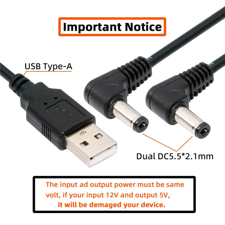 U2-077-RI 1.5m USB Type-A Male to Dual 5.5x2.1mm DC 5V Power Plug Splitter Right Angled 90 Degree Connector Charge Cable