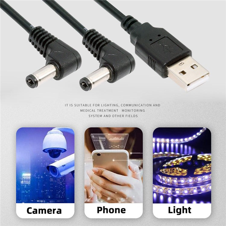 U2-077-RI 1.5m USB Type-A Male to Dual 5.5x2.1mm DC 5V Power Plug Splitter Right Angled 90 Degree Connector Charge Cable