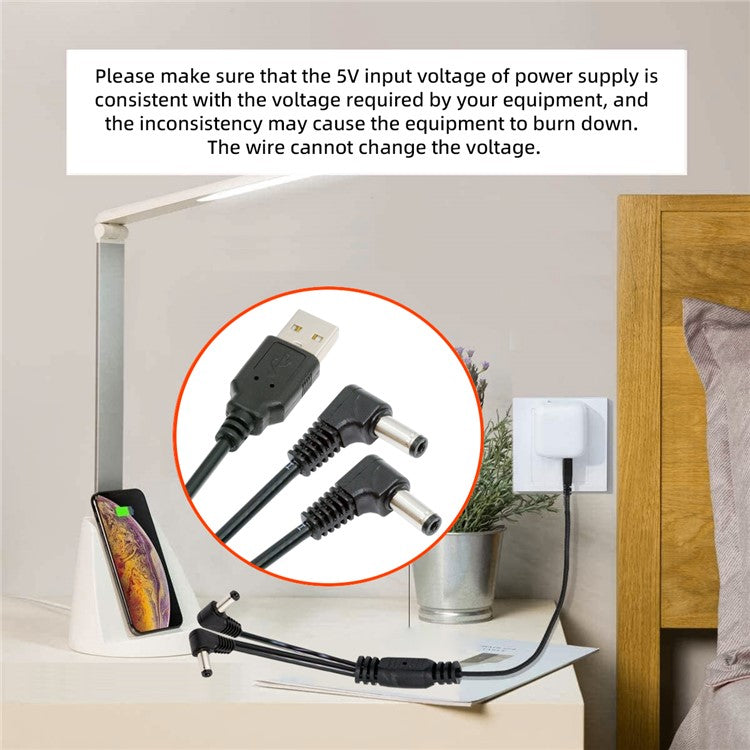 U2-077-RI 1.5m USB Type-A Male to Dual 5.5x2.1mm DC 5V Power Plug Splitter Right Angled 90 Degree Connector Charge Cable