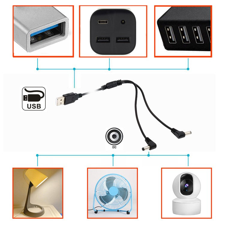U2-077-RI 1.5m USB Type-A Male to Dual 5.5x2.1mm DC 5V Power Plug Splitter Right Angled 90 Degree Connector Charge Cable