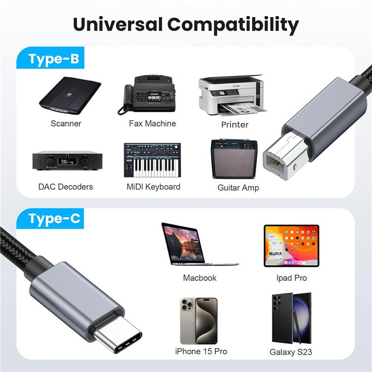 1.8m USB B to USB C Printer Cable Nylon Cord Compatible with MIDI Keyboard DAC DJ Controller