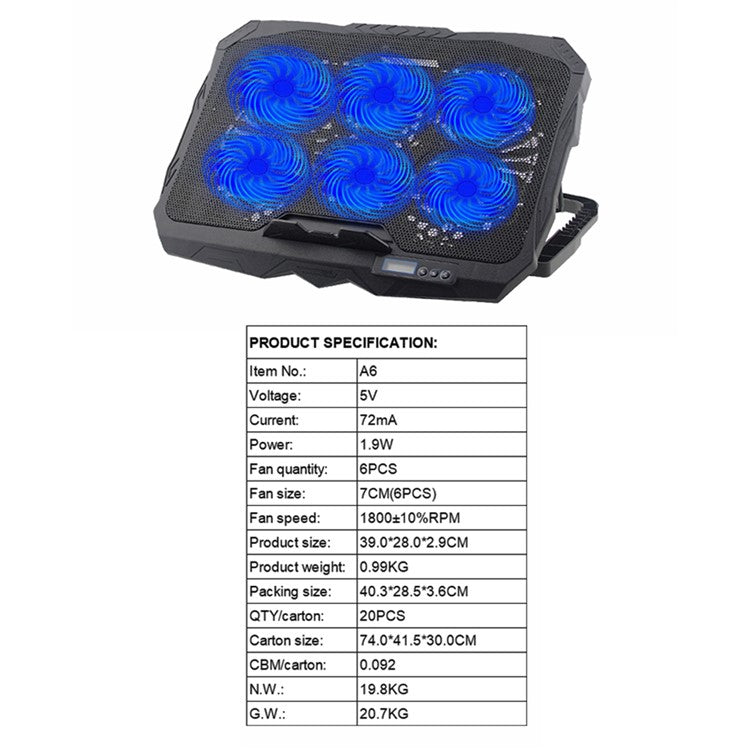 A6 Ergonomic Laptop Cooling Stand Height Adjustable Notebook Cooler with 6 Fans