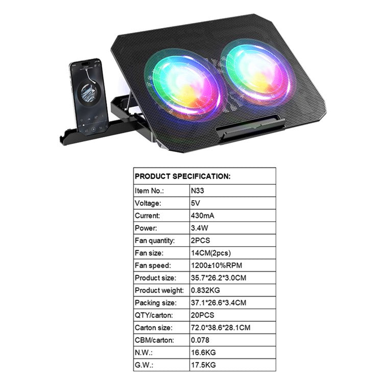 N33 Adjustable Height Laptop Stand with Phone Holder RGB Dual Fans Cooling Pad for Gaming Notebook