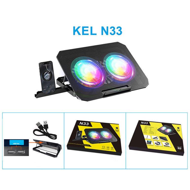 N33 Adjustable Height Laptop Stand with Phone Holder RGB Dual Fans Cooling Pad for Gaming Notebook
