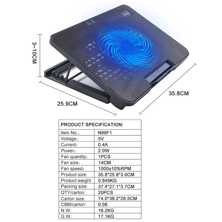 N99F1 Silent Slim Laptop Cooler Cooling Fan Desktop Notebook Cooling Pad with Adjustable Stand